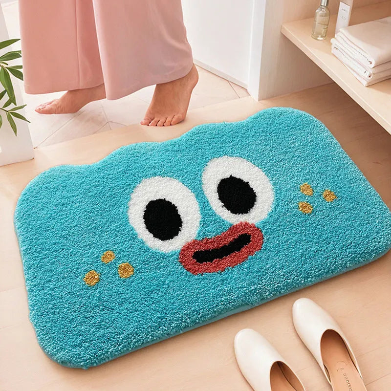 Soft cartoon big eye clouds pattern bathroom mat in green, blue, pink, black, or white.