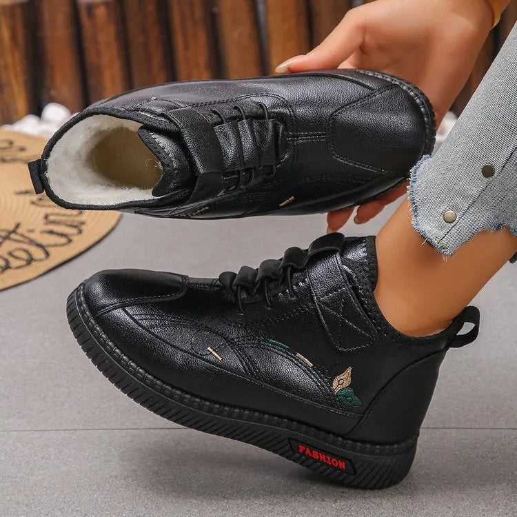 Women's black velvet cotton shoes with rubber soles and decorative hollow-out elements