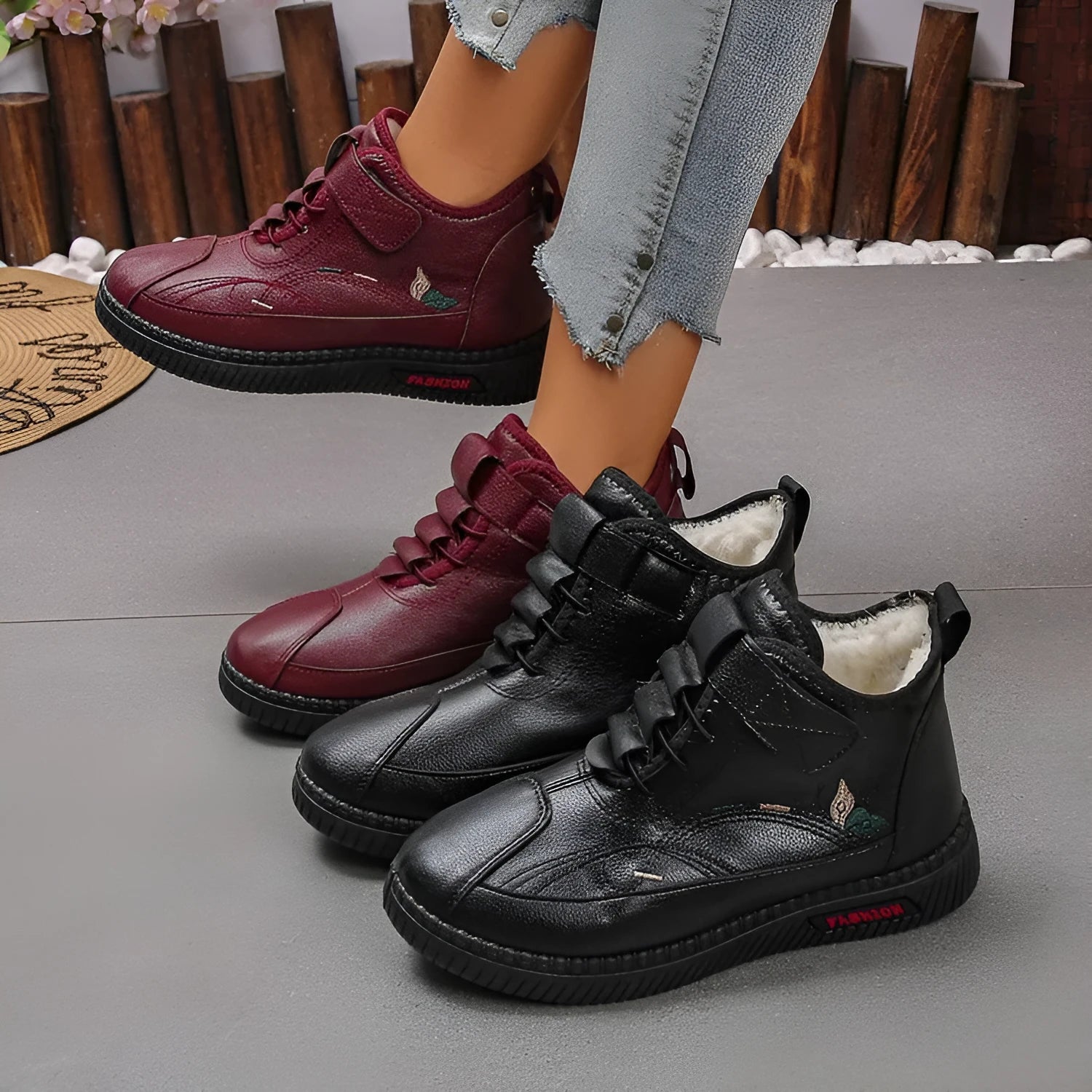 Women's black velvet cotton shoes with rubber soles and decorative hollow-out elements
