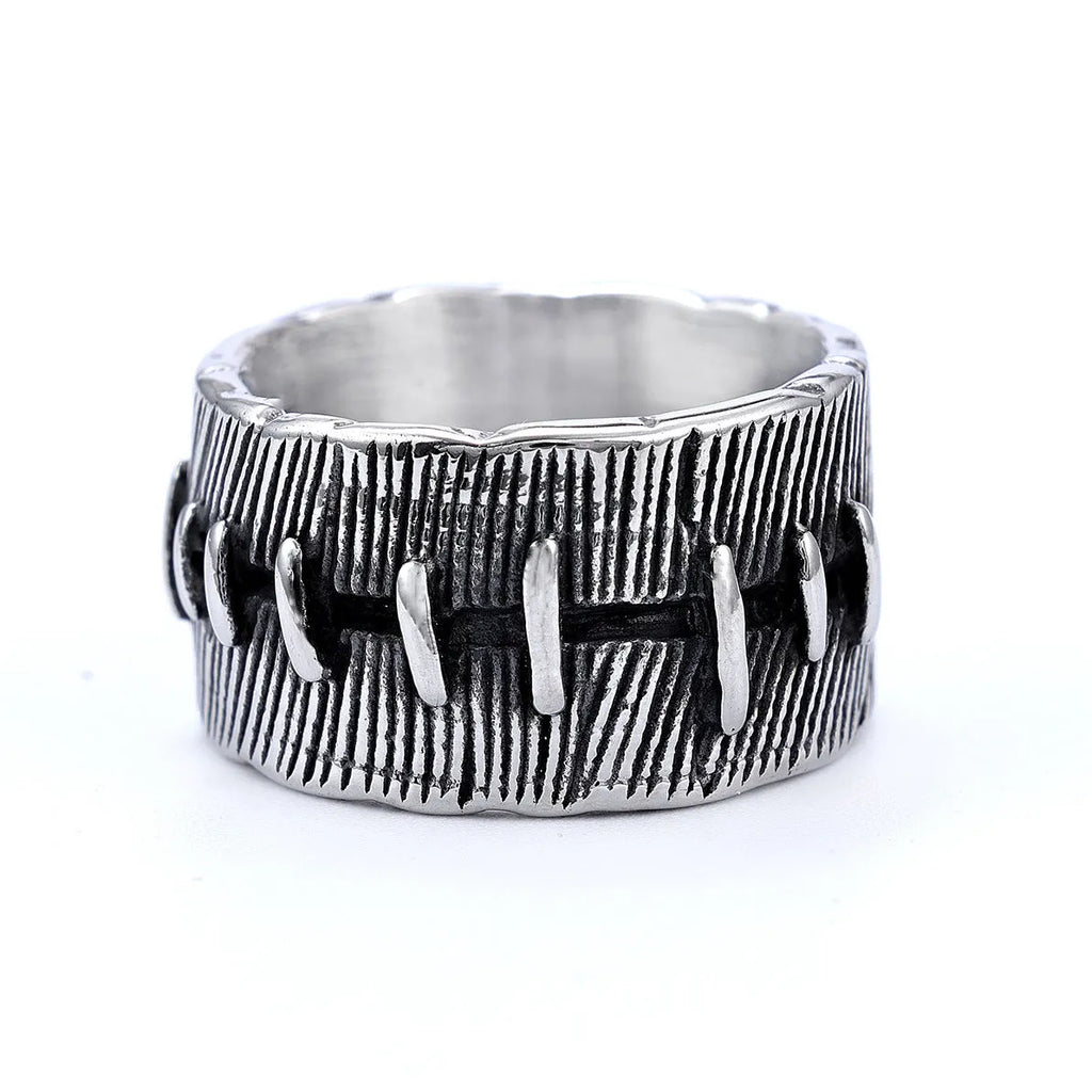 Geometric dark punk titanium steel ring with a double ring design in a retro colour finish.