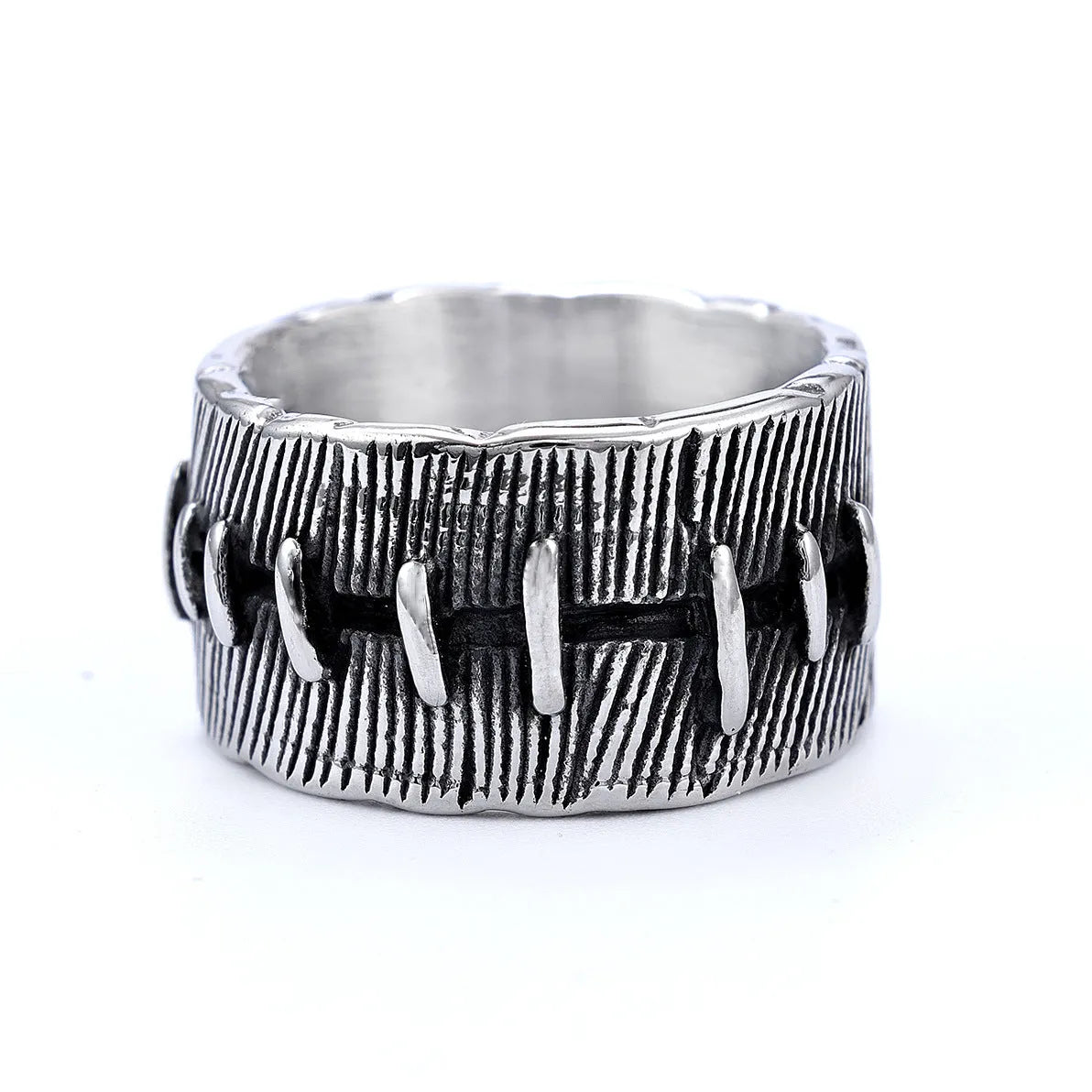 Geometric dark punk titanium steel ring with a double ring design in a retro colour finish.