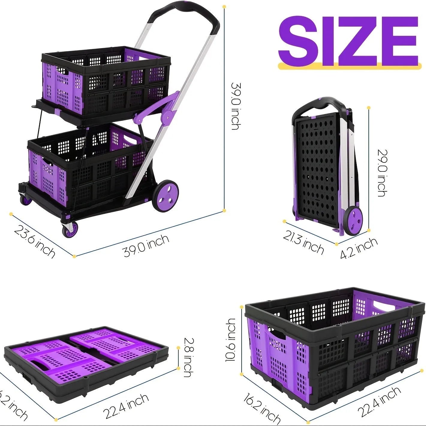 Foldable shopping cart with double baskets in choice of blue, purple, pink, or red colours