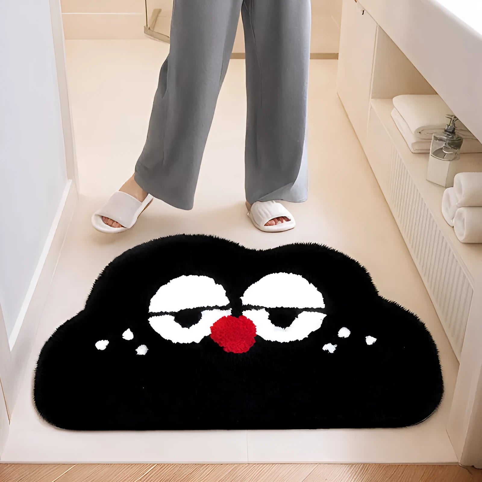 Soft cartoon big eye clouds pattern bathroom mat in green, blue, pink, black, or white.