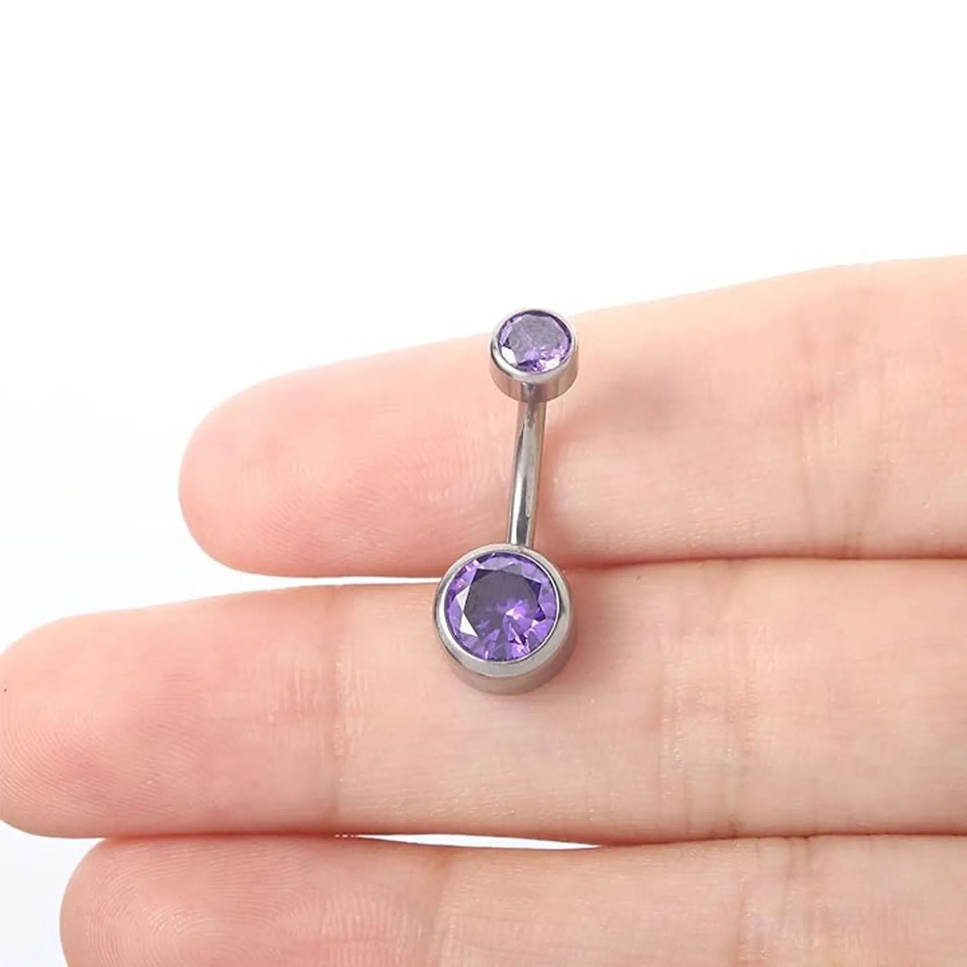 Titanium alloy double-headed zircon navel stud showing colour options and 1.6mm thickness