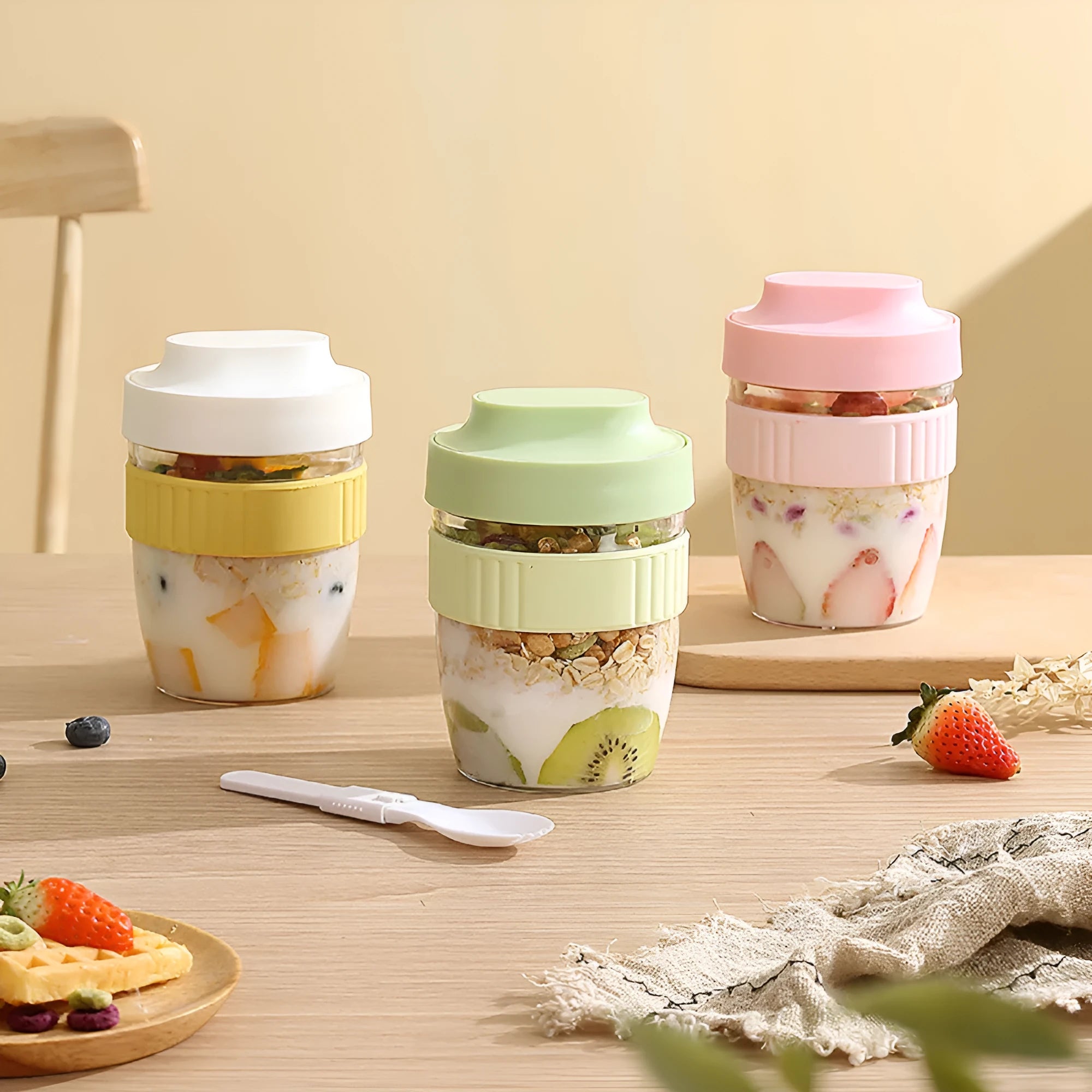 Green plastic salad cup with sealing lid and built-in spoon, 480ml capacity