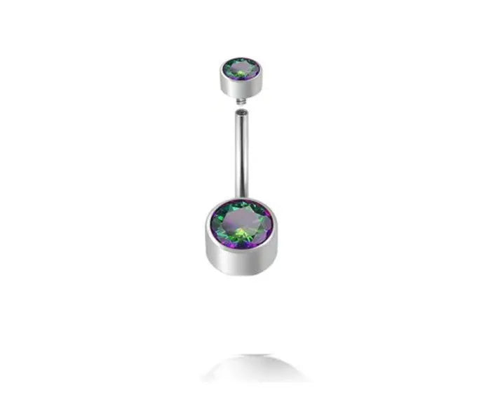 Titanium alloy double-headed zircon navel stud showing colour options and 1.6mm thickness