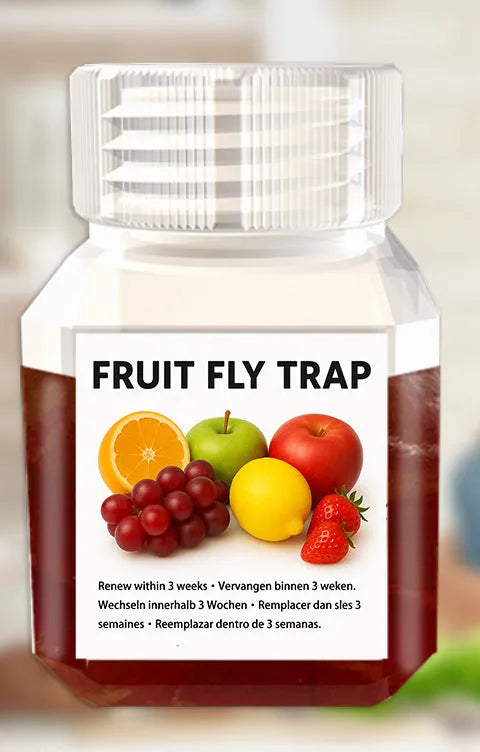 Bottle of fruit fly bait liquid with SK003 labeling, shown with funnel accessory option