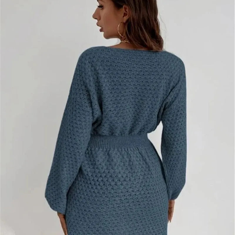 Blue knitted dress with hand-crocheted flowers, French loose neckline and fitted waist