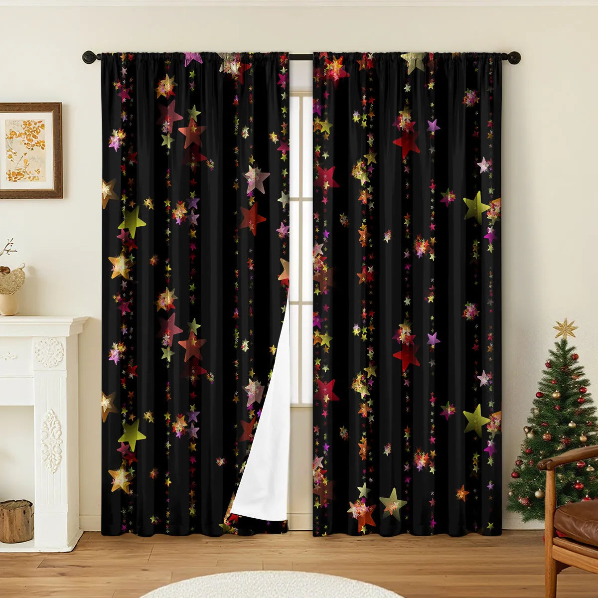 Pair of 3D digital printed Christmas curtains in polyester with European festive patterns hanging at window