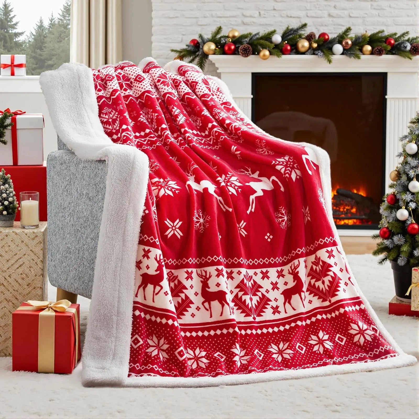 Soft red polyester flannel Christmas blanket with festive pattern draped over a bed