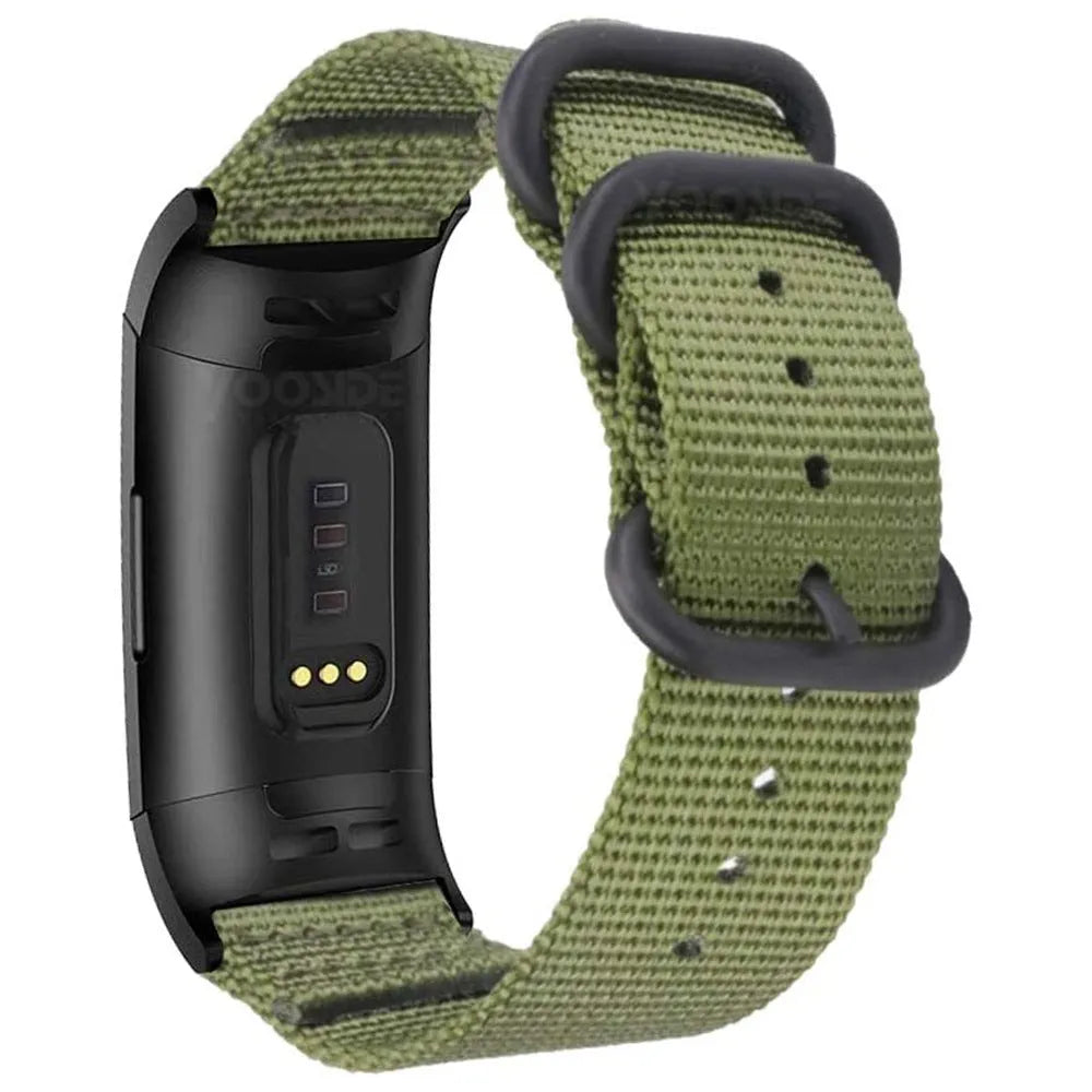 Fitbit Charge nylon watch strap with three-ring metal buckle shown in Army Green colour