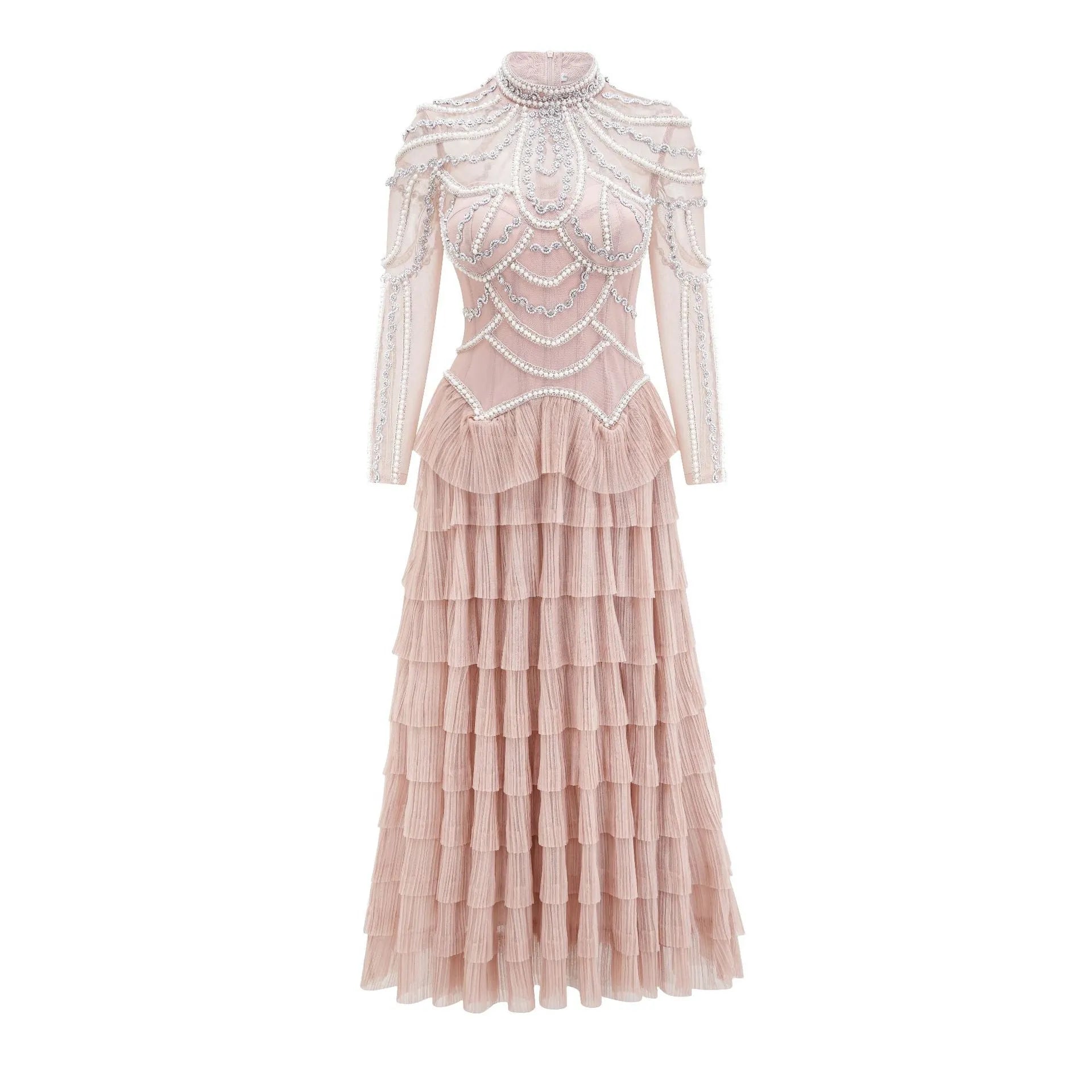 Black long sleeve women's dress with detailed beaded decoration on the bodice.