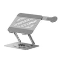 Silver carbon steel laptop stand with a side-mounted magnetic mobile phone holder on a desk