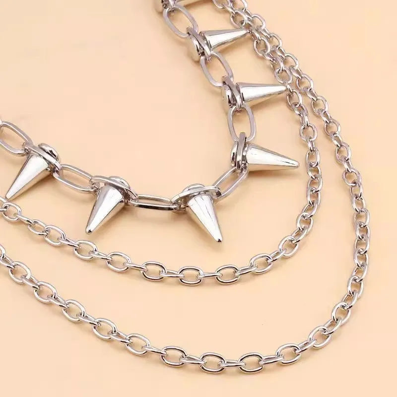Silver metal trousers chain with double-layer design and rivet detailing measuring 115cm