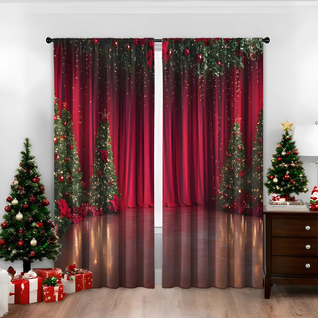 Pair of 3D digital printed Christmas curtains in polyester with European festive patterns hanging at window