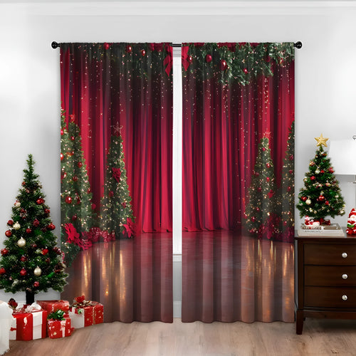 Pair of 3D digital printed Christmas curtains in polyester with European festive patterns hanging at window