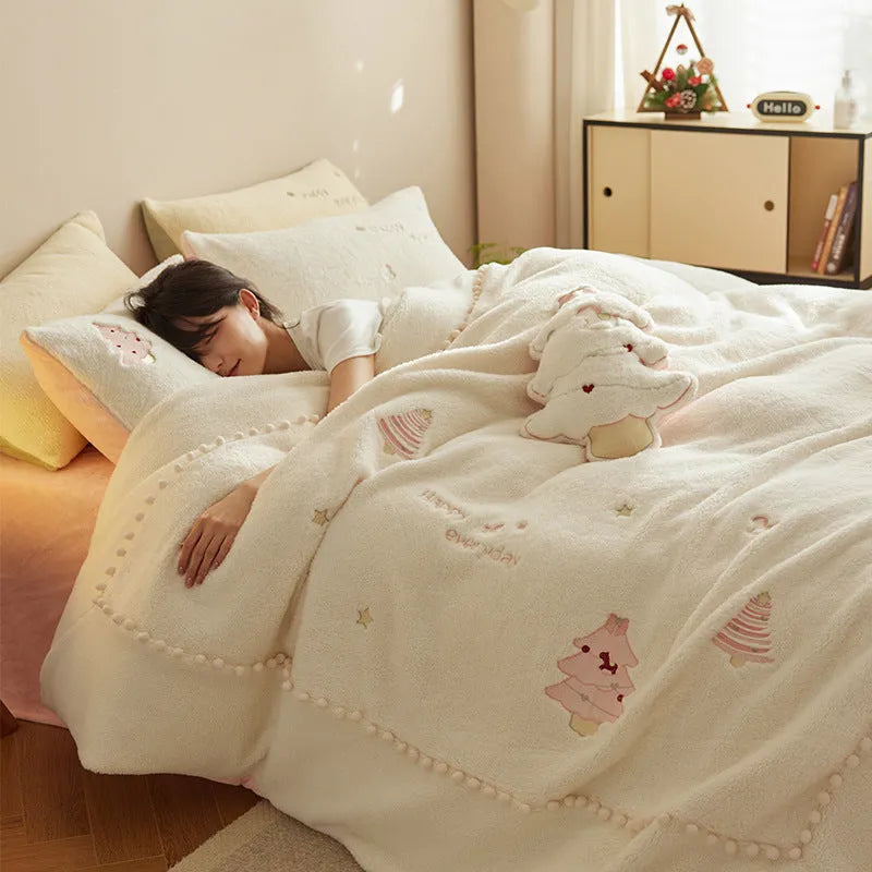 Milk fibre four-piece bedding set with green Christmas tree pattern including sheet, quilt cover and pillowcases