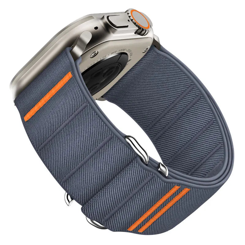 Elastic nylon Apple Watch band with stainless steel buckle shown in Army Green colour.