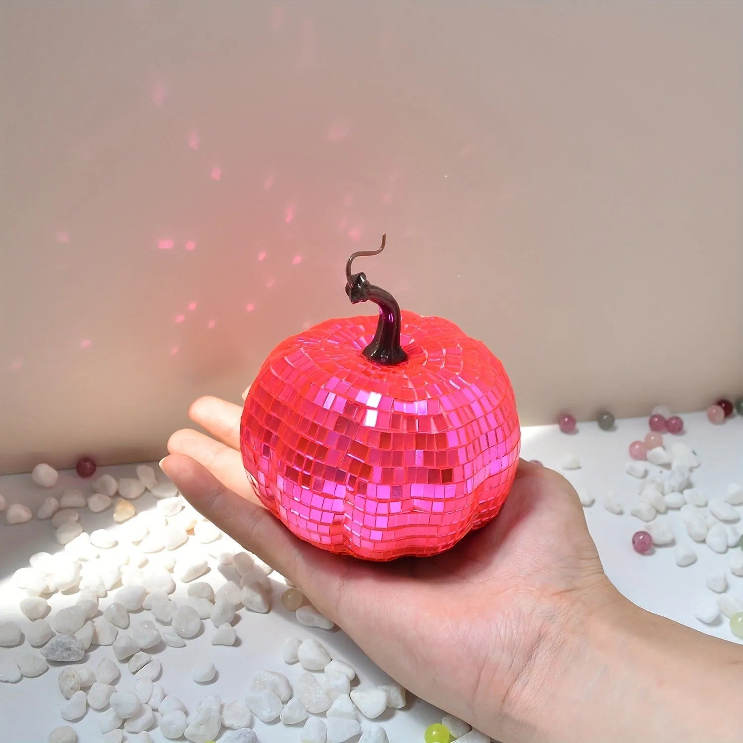 Glass pumpkin mirror ornament in Chinese style with embroidered details, available in five sizes for Halloween and Christmas decor.