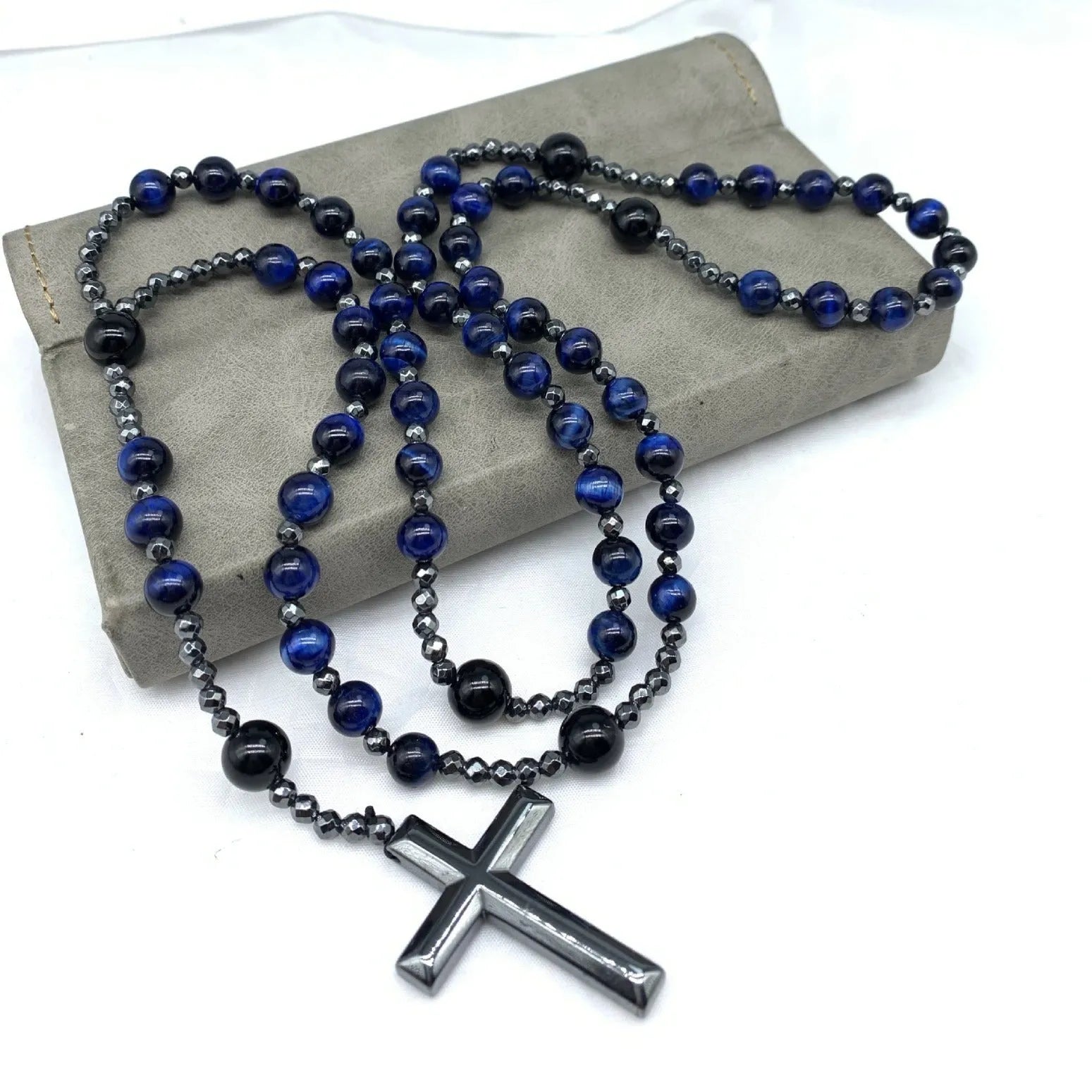 Men's stone cross pendant necklace with ball bead chain and safety lock fastening