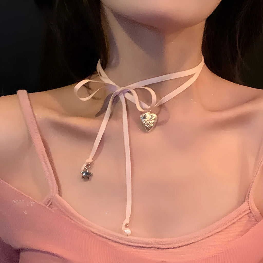 Women's ribbon love pendant fashion necklace on clavicle-length alloy chain with electroplated finish