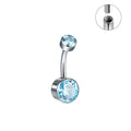 Titanium alloy double-headed zircon navel stud showing colour options and 1.6mm thickness
