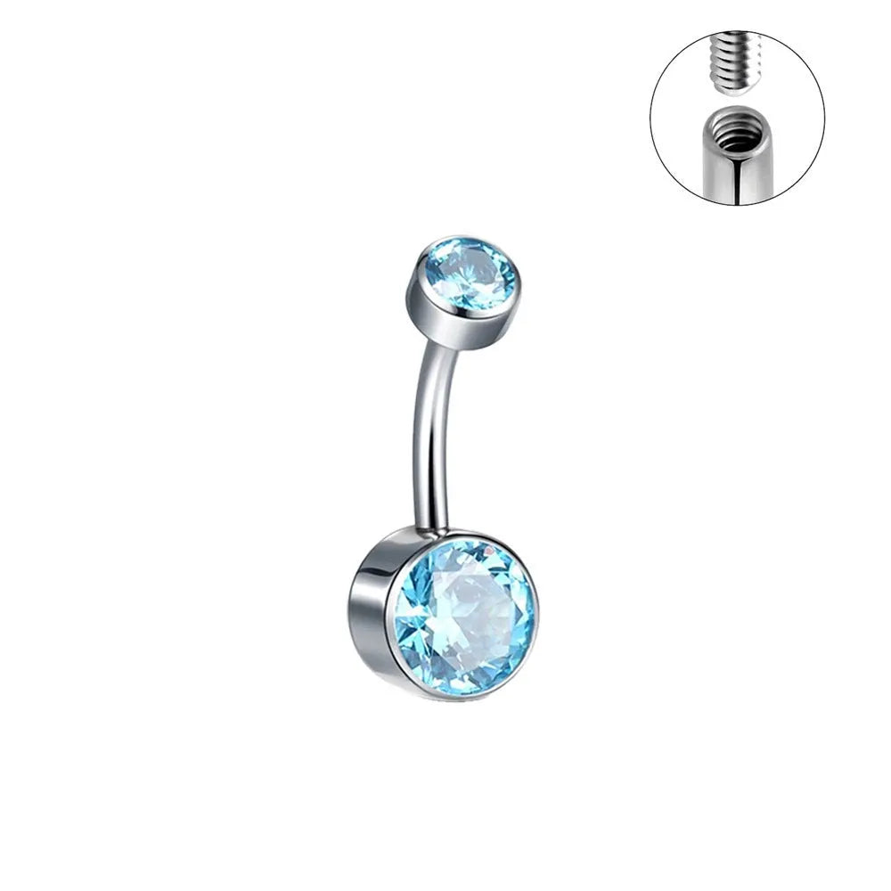 Titanium alloy double-headed zircon navel stud showing colour options and 1.6mm thickness
