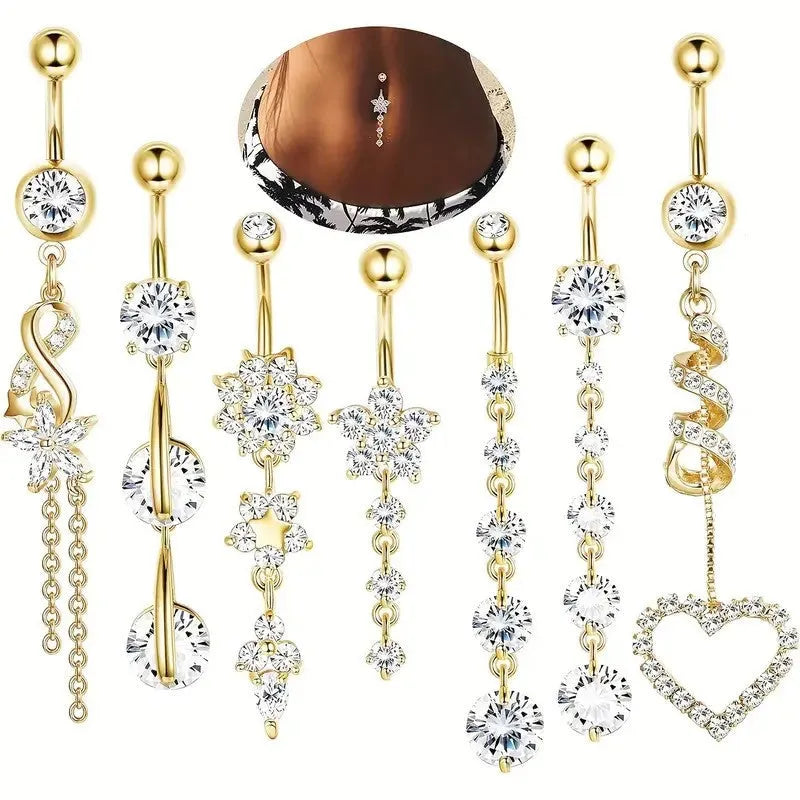 Stainless steel geometric tassel pendant navel buckle in gold colour