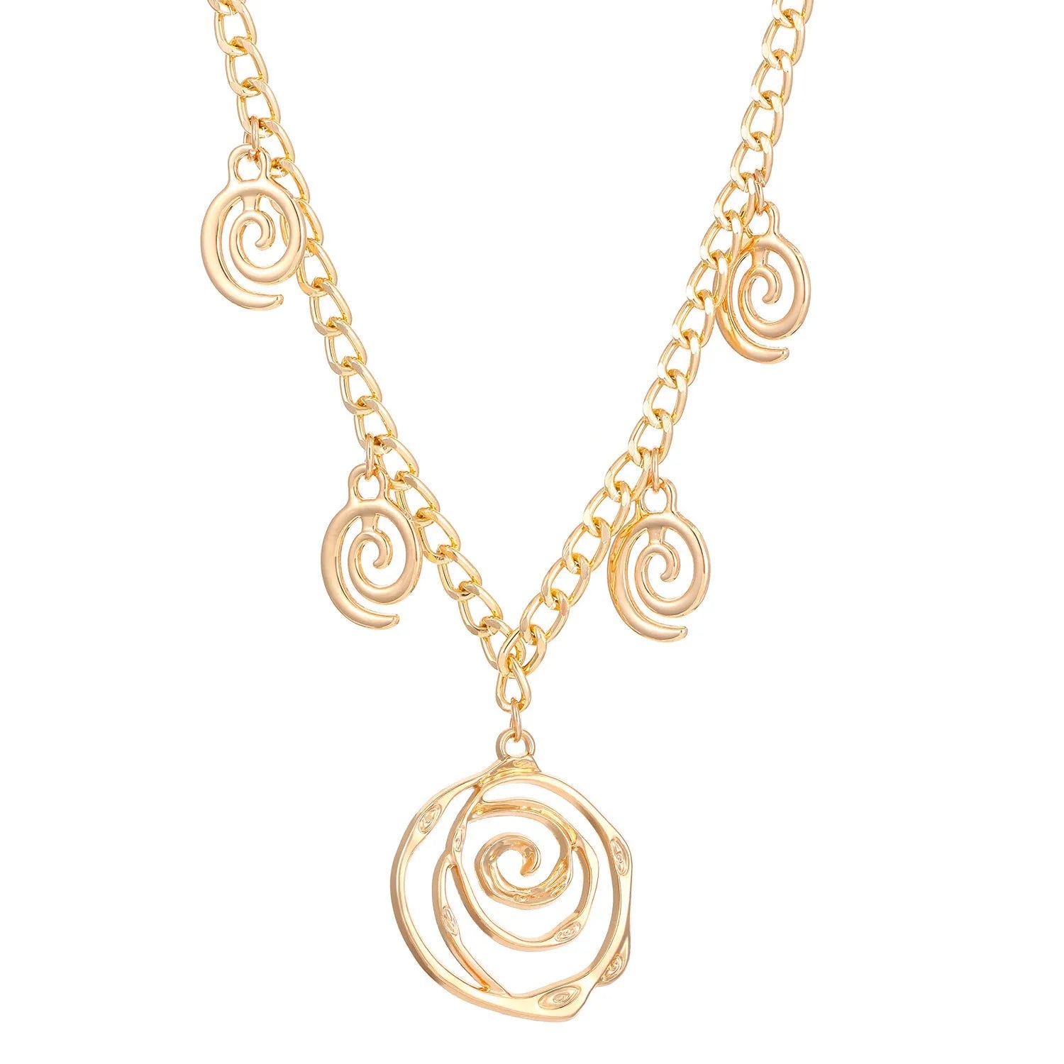 Women's spiral donut jewellery set showing necklace, bracelet and earrings in gold alloy finish