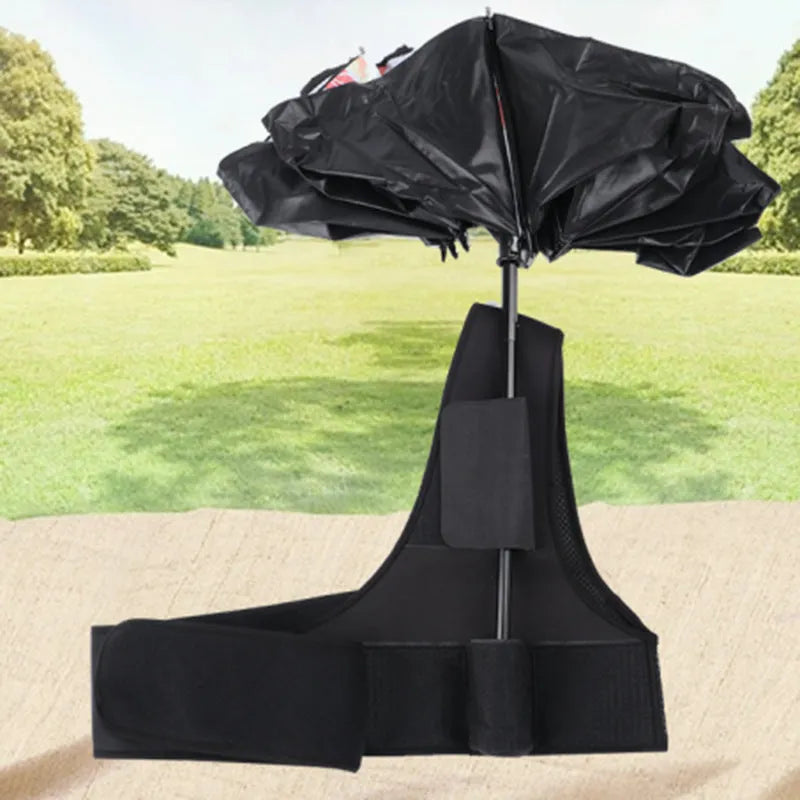 Black portable umbrella holder with shoulder strap showing diving cloth construction and adjustable fit