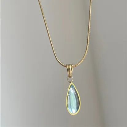 Retro water drop necklace with mixed gem pendant on snake bones chain in titanium steel