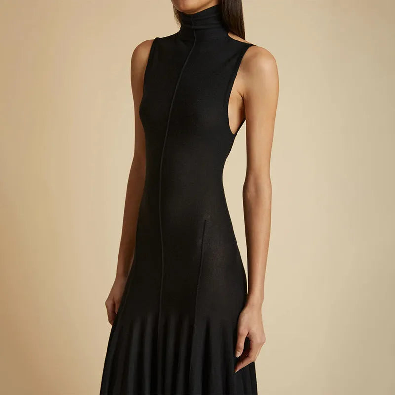Grey slim-fit women's dress with half turtleneck front and backless design
