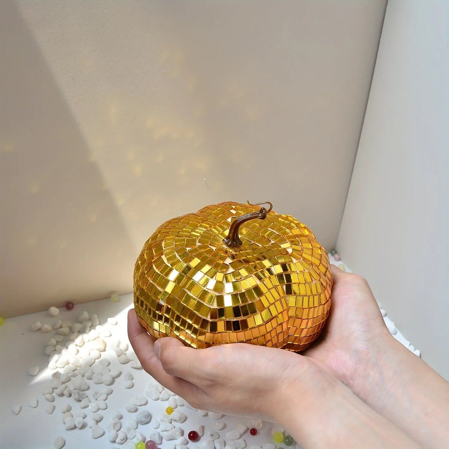 Glass pumpkin mirror ornament in Chinese style with embroidered details, available in five sizes for Halloween and Christmas decor.