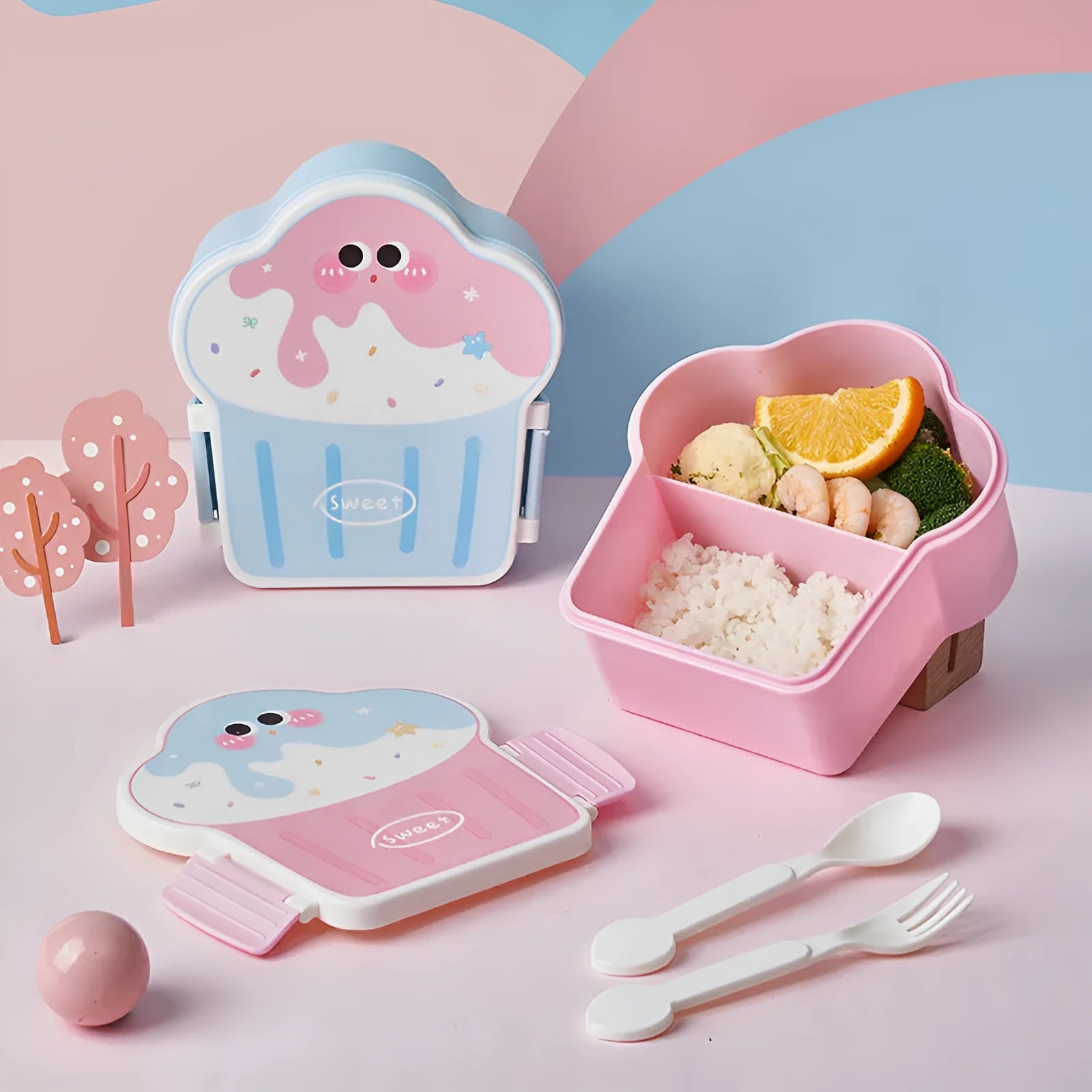 Creative cartoon-style ice cream shaped plastic lunch box with spoon and fork set in pink or blue.