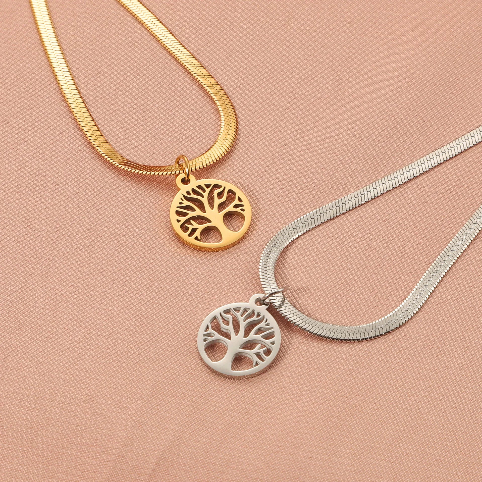 Stainless steel necklace with U-shaped tree pendant on adjustable snake bone chain in gold colour