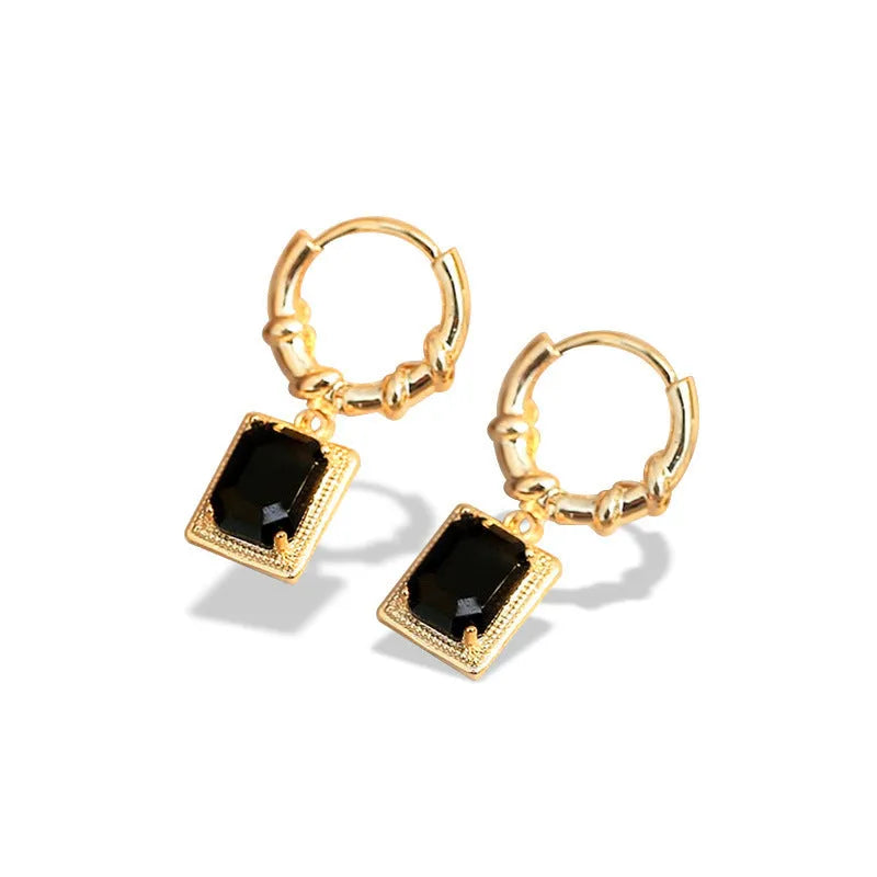 Geometric quadrilateral copper earrings with black zircon setting in French court retro style