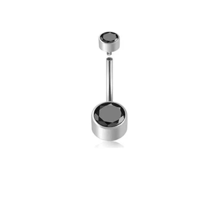 Titanium alloy double-headed zircon navel stud showing colour options and 1.6mm thickness