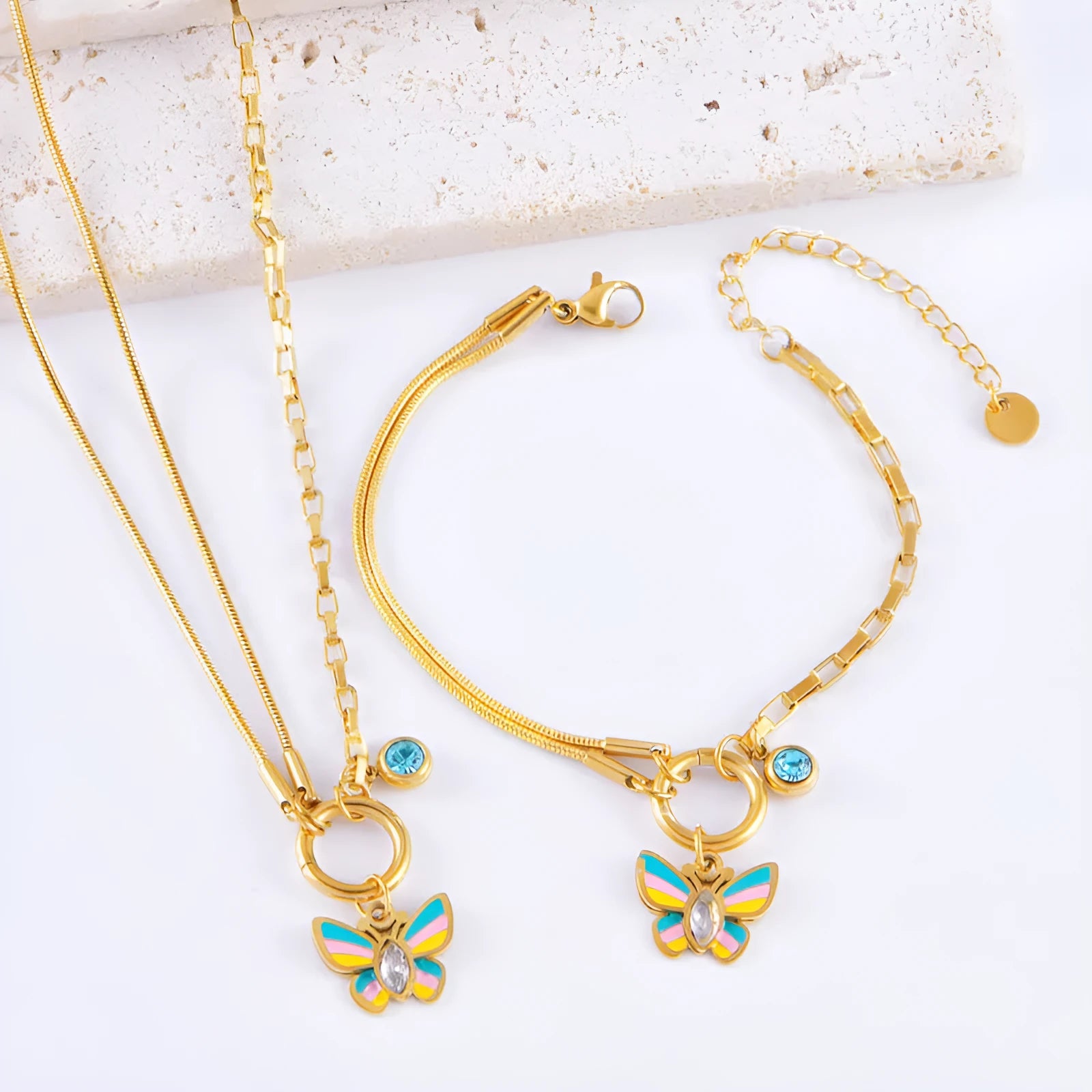 Gold titanium steel necklace and bracelet set with colourful epoxy butterfly pendant on snake bone chain