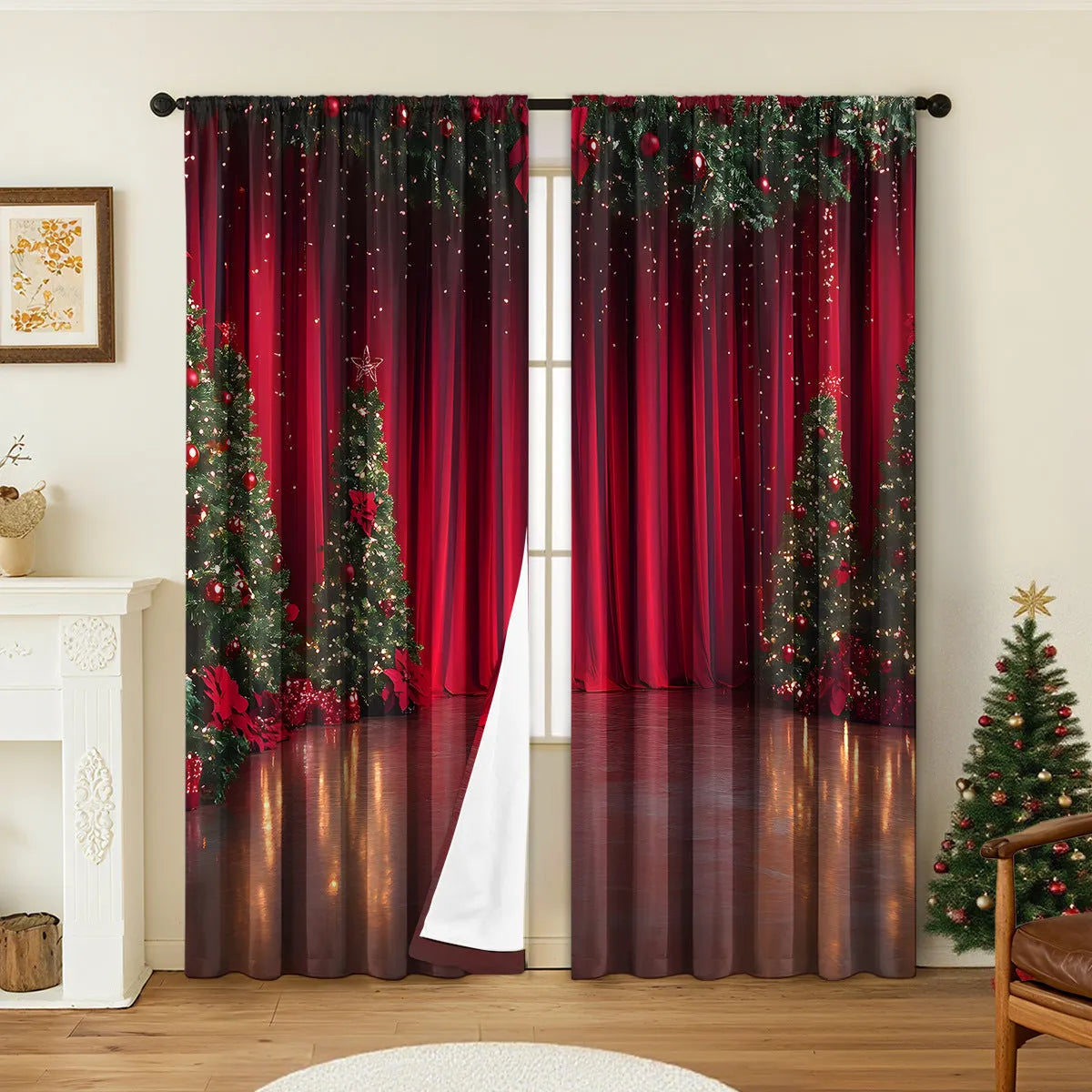 Pair of 3D digital printed Christmas curtains in polyester with European festive patterns hanging at window