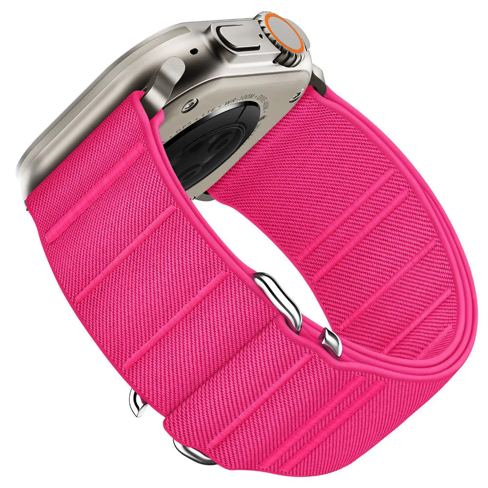Elastic nylon Apple Watch band with stainless steel buckle shown in Army Green colour.