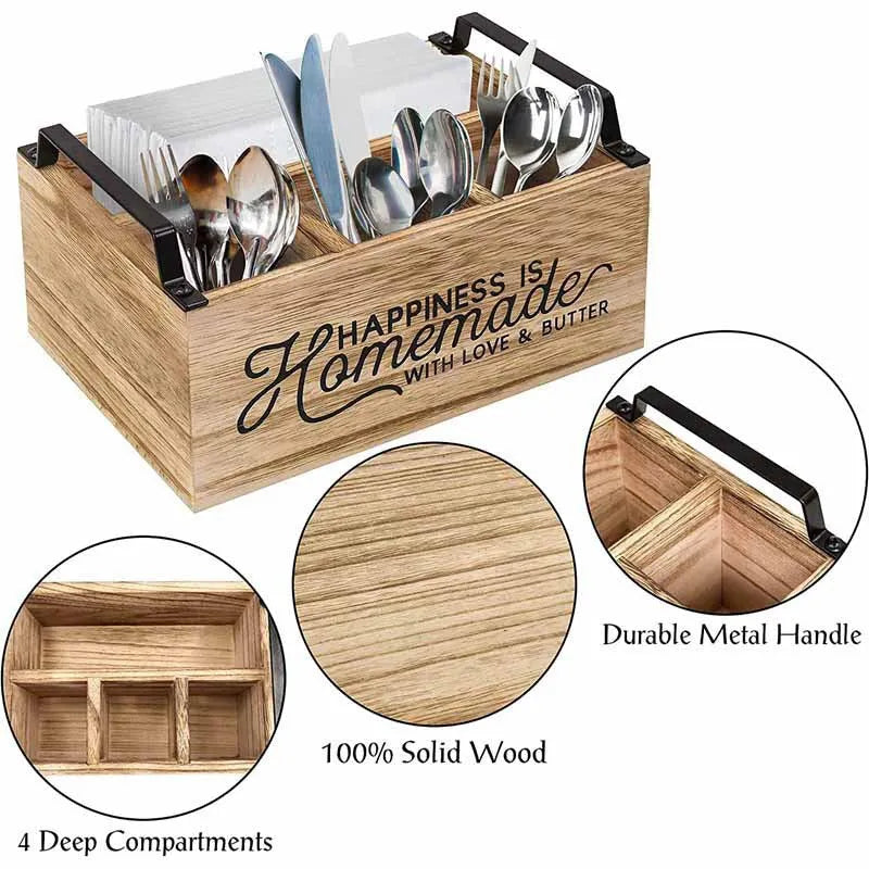Wooden kitchen tableware storage box with grid compartments measuring 23 x 16.8 cm
