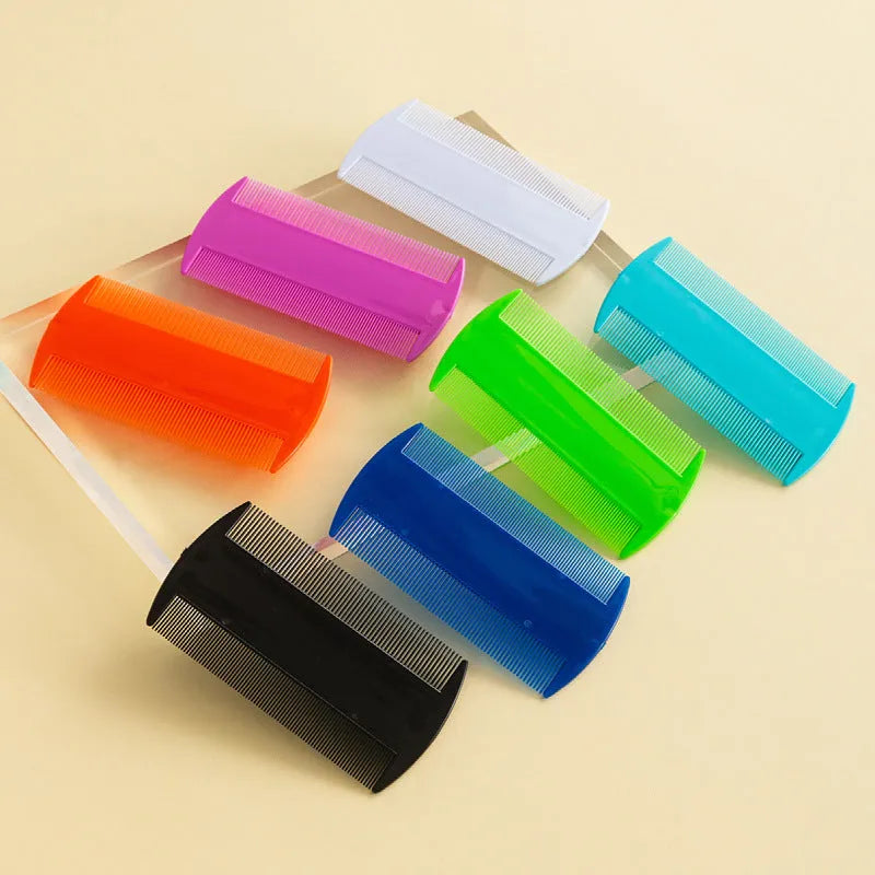 Double-edged fine tooth plastic lice and flea comb in assorted colours, showing compact size