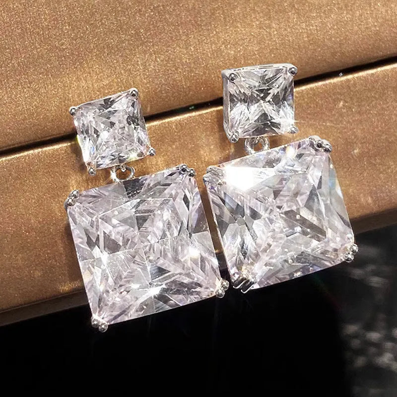 Copper geometric square design earrings with quadrilateral ornament in white gold or golden finish