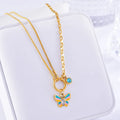 Gold titanium steel necklace and bracelet set with colourful epoxy butterfly pendant on snake bone chain