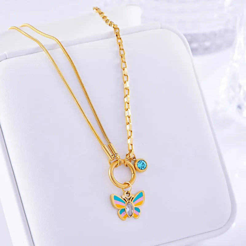 Gold titanium steel necklace and bracelet set with colourful epoxy butterfly pendant on snake bone chain