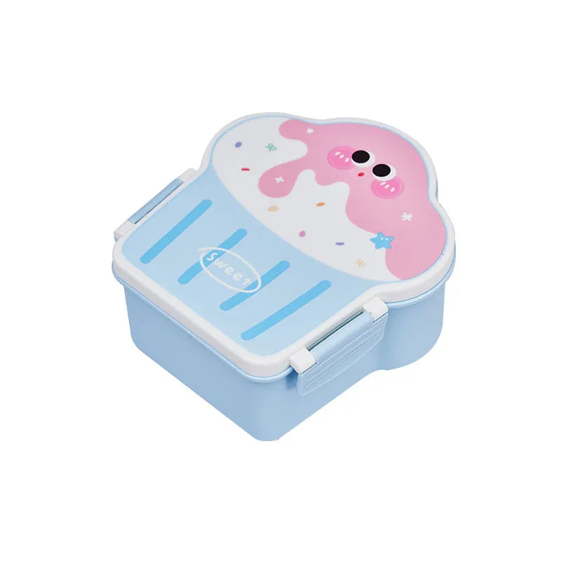 Creative cartoon-style ice cream shaped plastic lunch box with spoon and fork set in pink or blue.