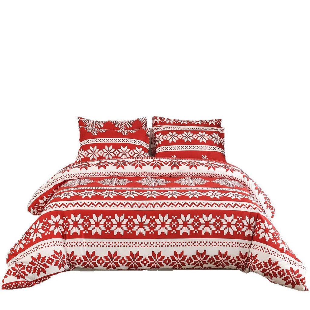 Red Winter Sleepers Christmas Love Song pattern bed three-piece set with quilt cover and pillowcases