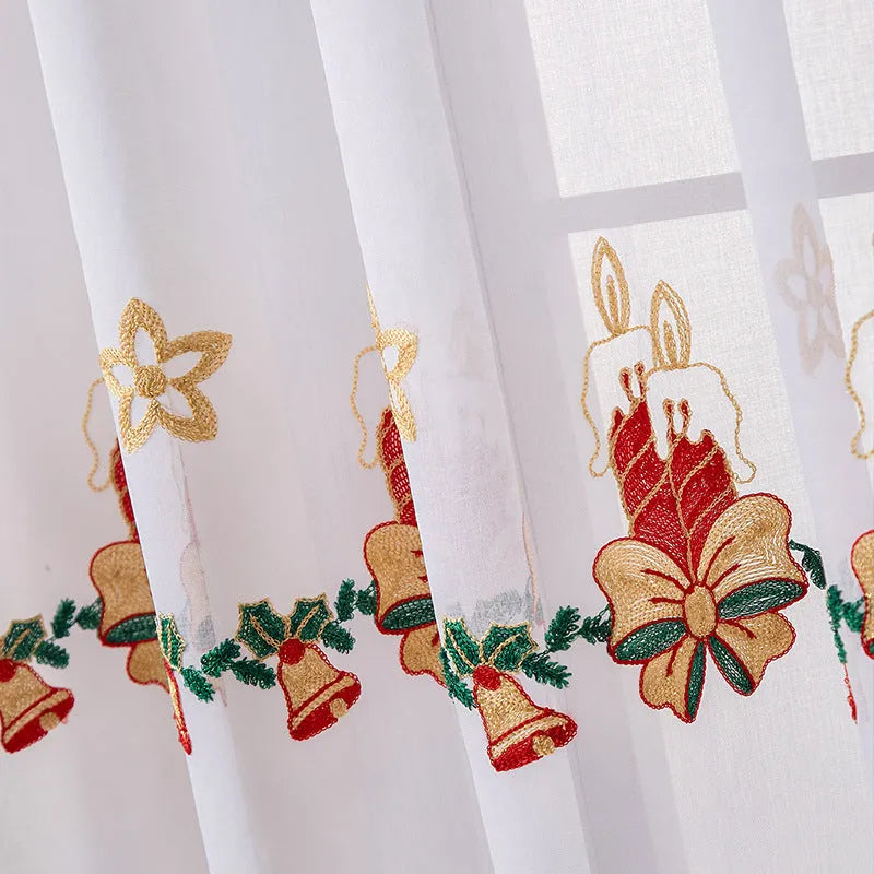 American style Christmas curtains with white snowflake embroidery on red background