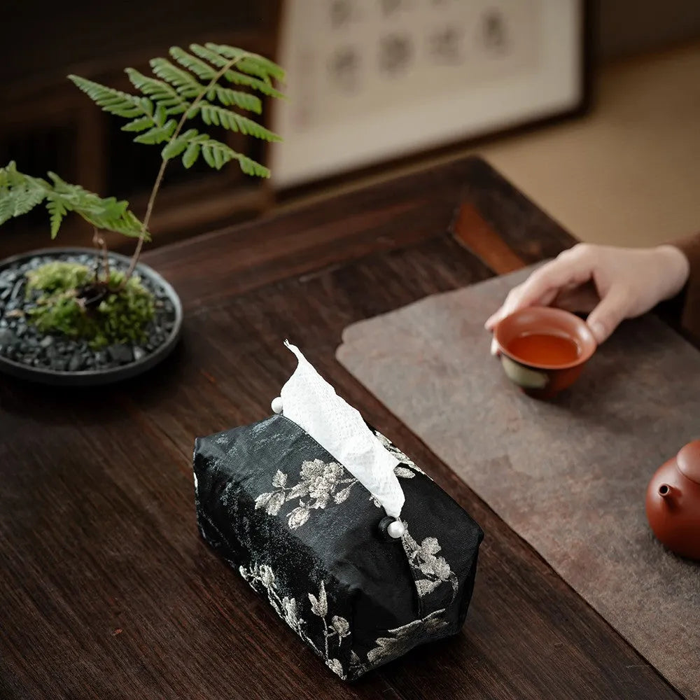 New Chinese style brocade fabric tissue box with embroidery white plum design and optional pearl buckle