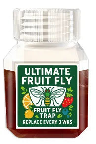 Bottle of fruit fly bait liquid with SK003 labeling, shown with funnel accessory option